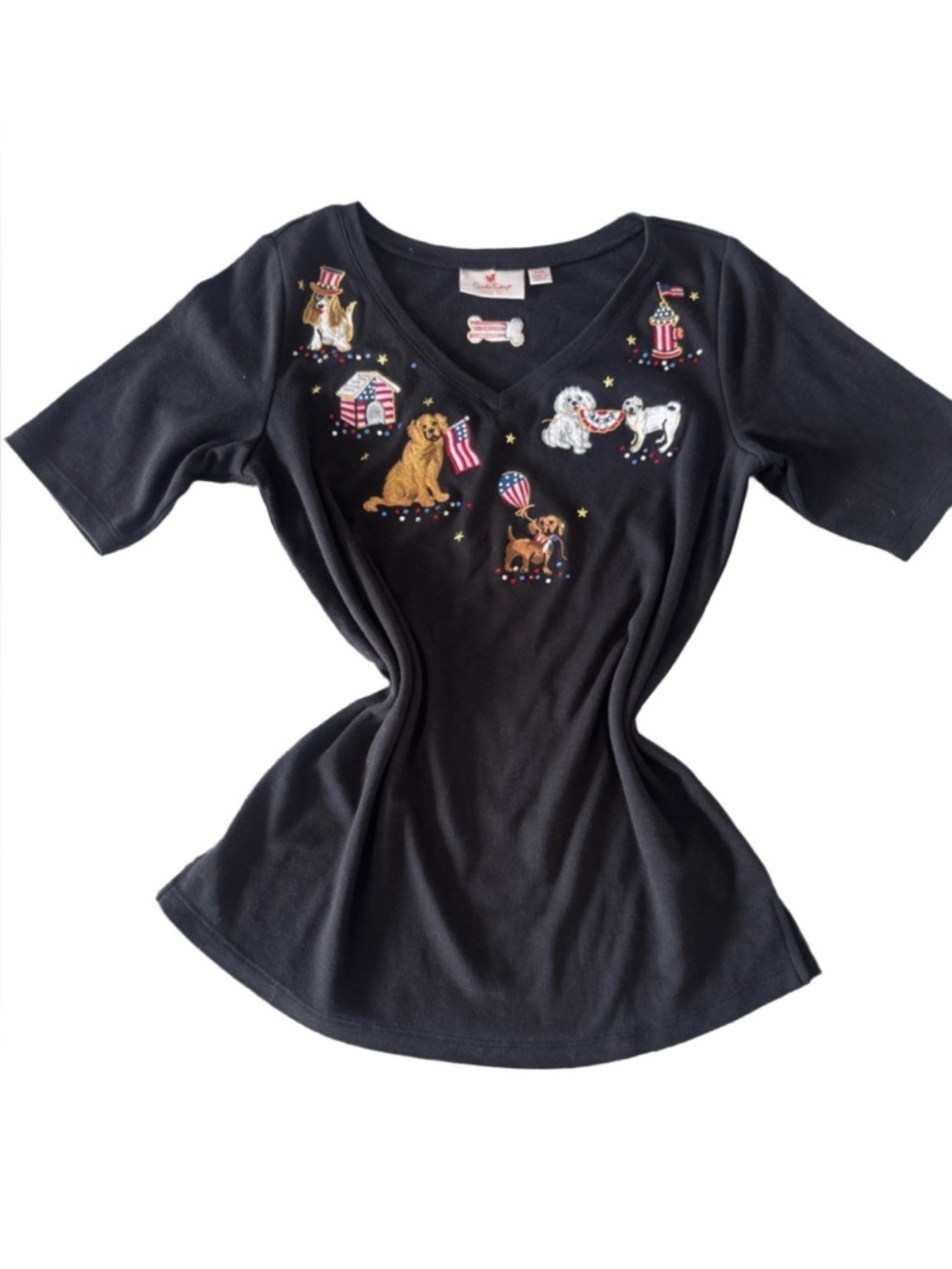 Quacker Factory Black V-Neck Patriotic 4th of July Dog Embroidered Tee